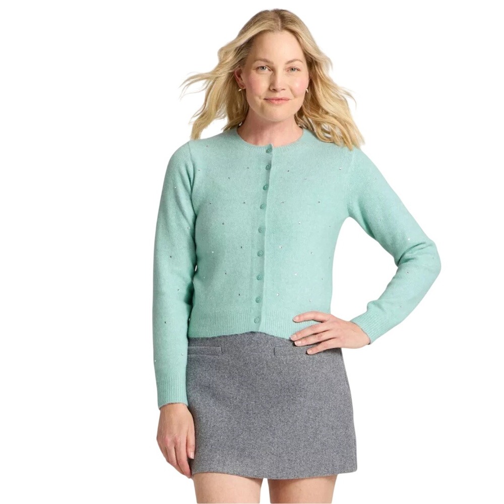 A New Day Women's Mint Green Rhinestone Long Sleeve Cardigan Sweater Size XS